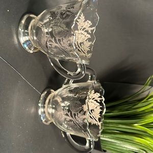 Vintage Fostoria Glass Baroque Sugar and Creamer Sterling Silver flowers overlay